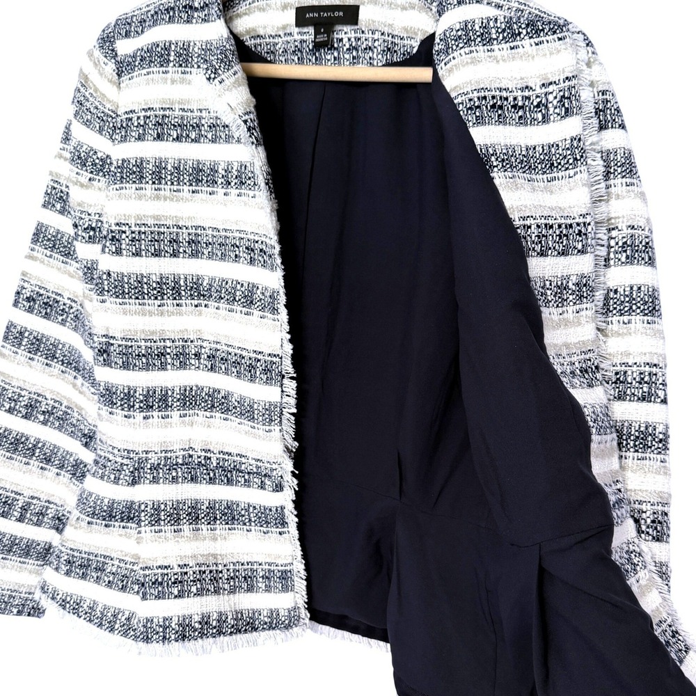 Ann Taylor Fringe Peplum Jacket Blazer Womens‎ 0 Blue Gray Stripe Tweed Polished - Picture 4 of 11